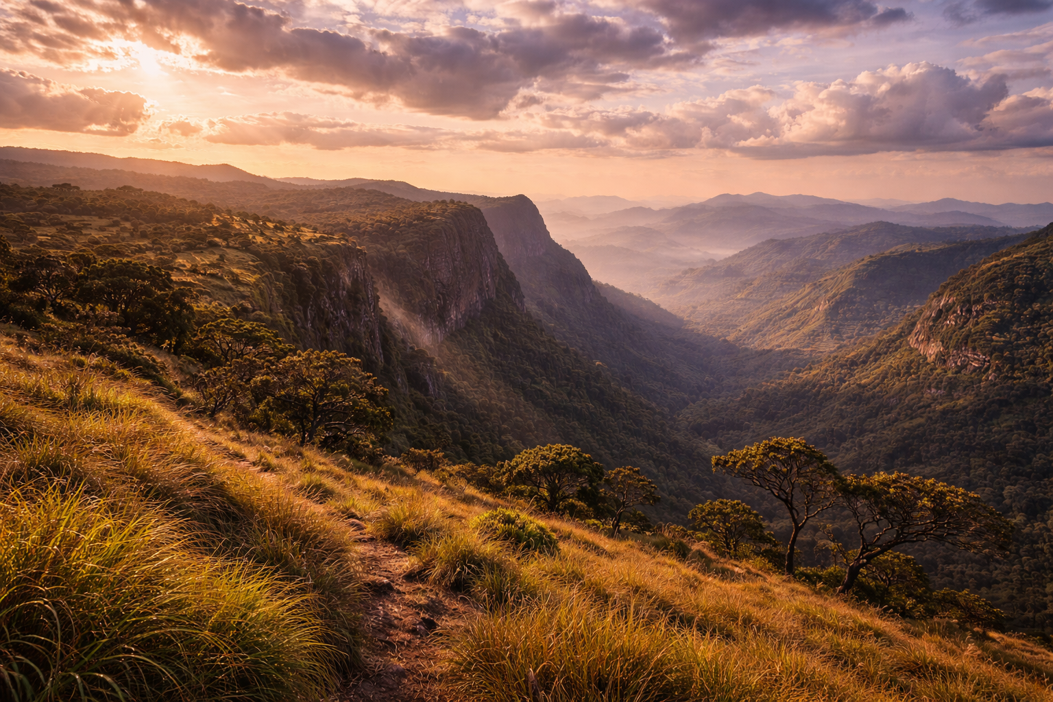 The highland plateau of Horton Plains National Park in Sri Lanka.