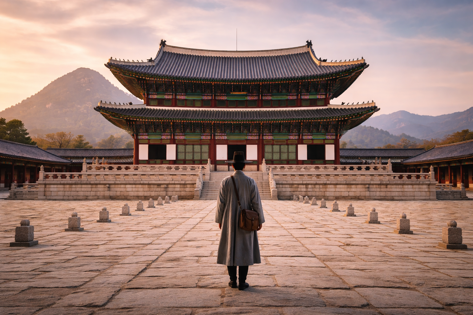 Osoba na dziedzińcu pałacu Gyeongbokgung
