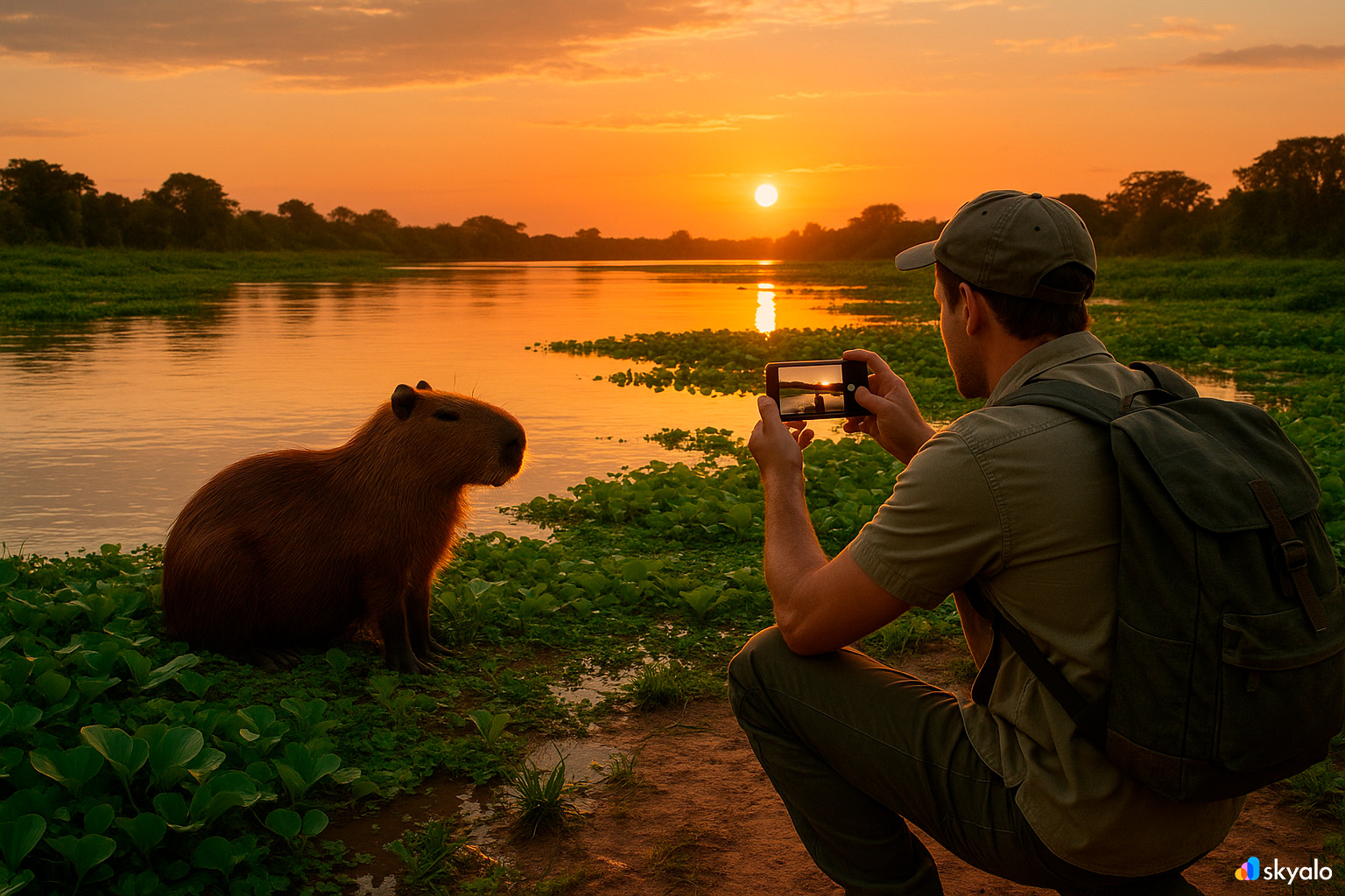 Tourist photographing a capybara by the riverbank in Pantanal wetlands at sunset