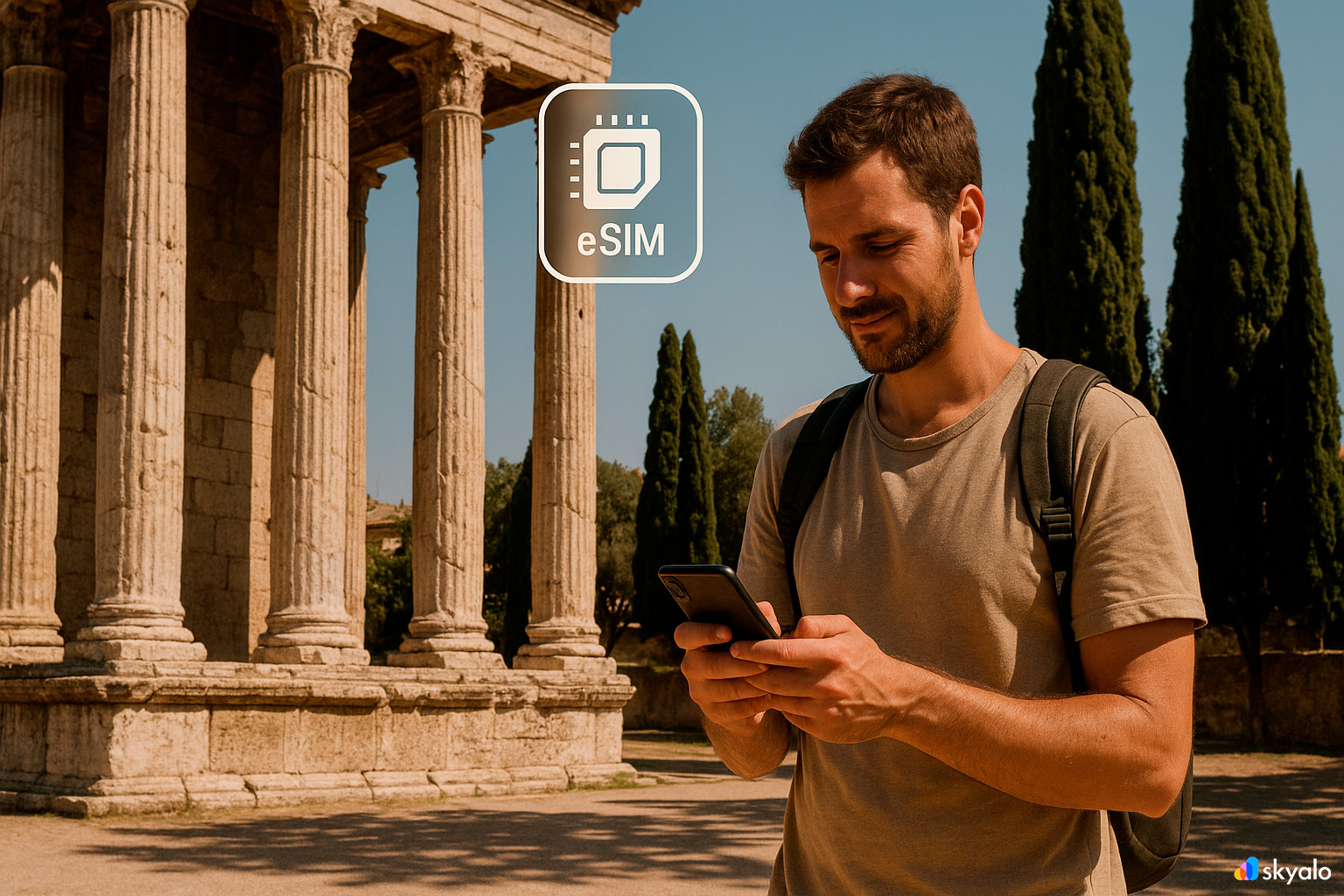 Traveler at Évora’s Roman Temple checking notes on his phone; warm shadows and white walls