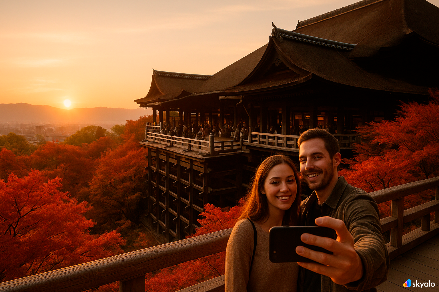 Romantic sunset at Kiyomizu-dera’s terrace, Kyoto rooftops, couple taking a selfie