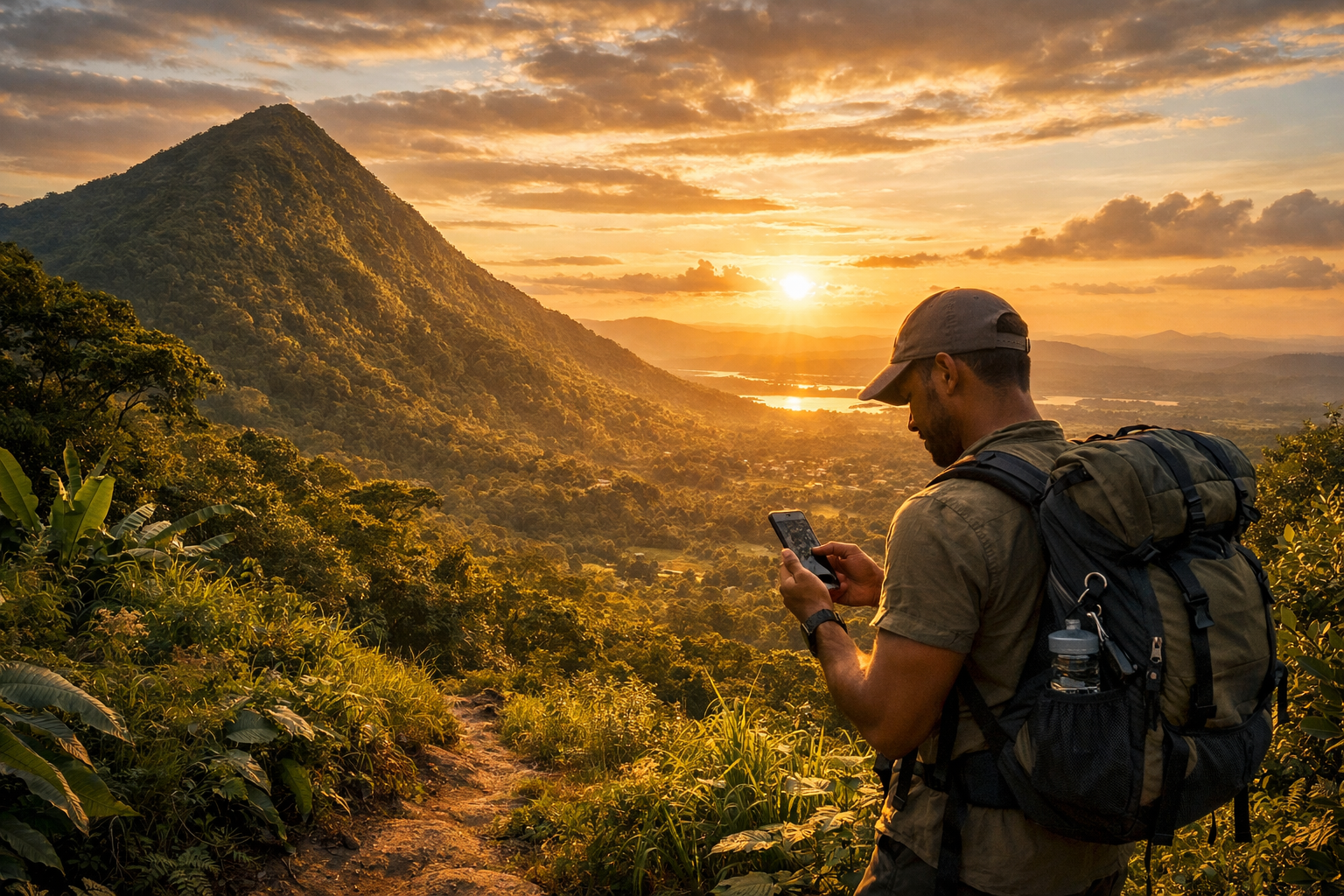 Mount Afadja and a tourist using a smartphone with an eSIM