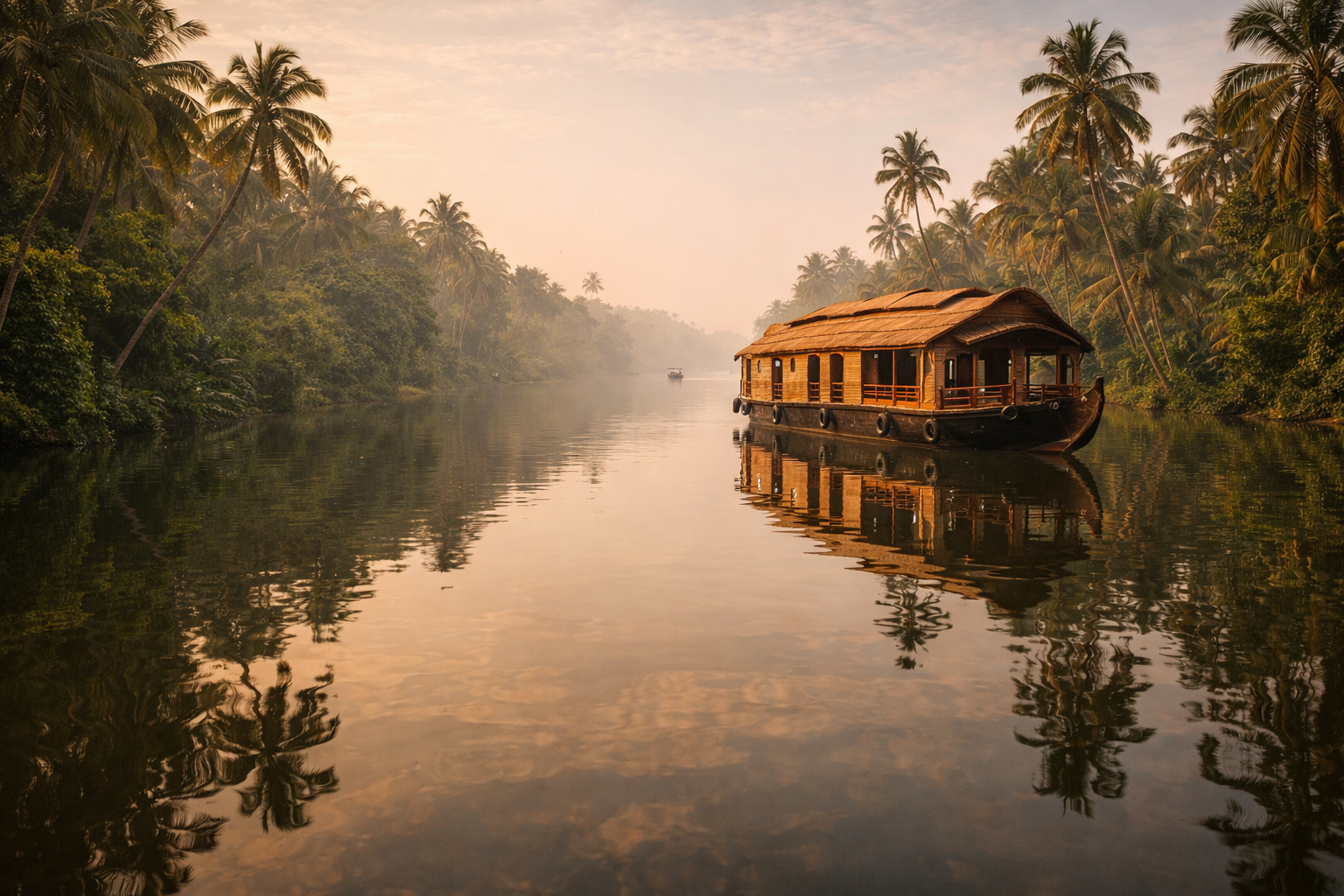 کیرالا کے الیپی کی پرسکون نہریں، روایتی ہاؤس بوٹ، کھجوریں، پانی کے آئینے جیسے عکس اور گھنی اشنکٹبندیی ہریالی۔