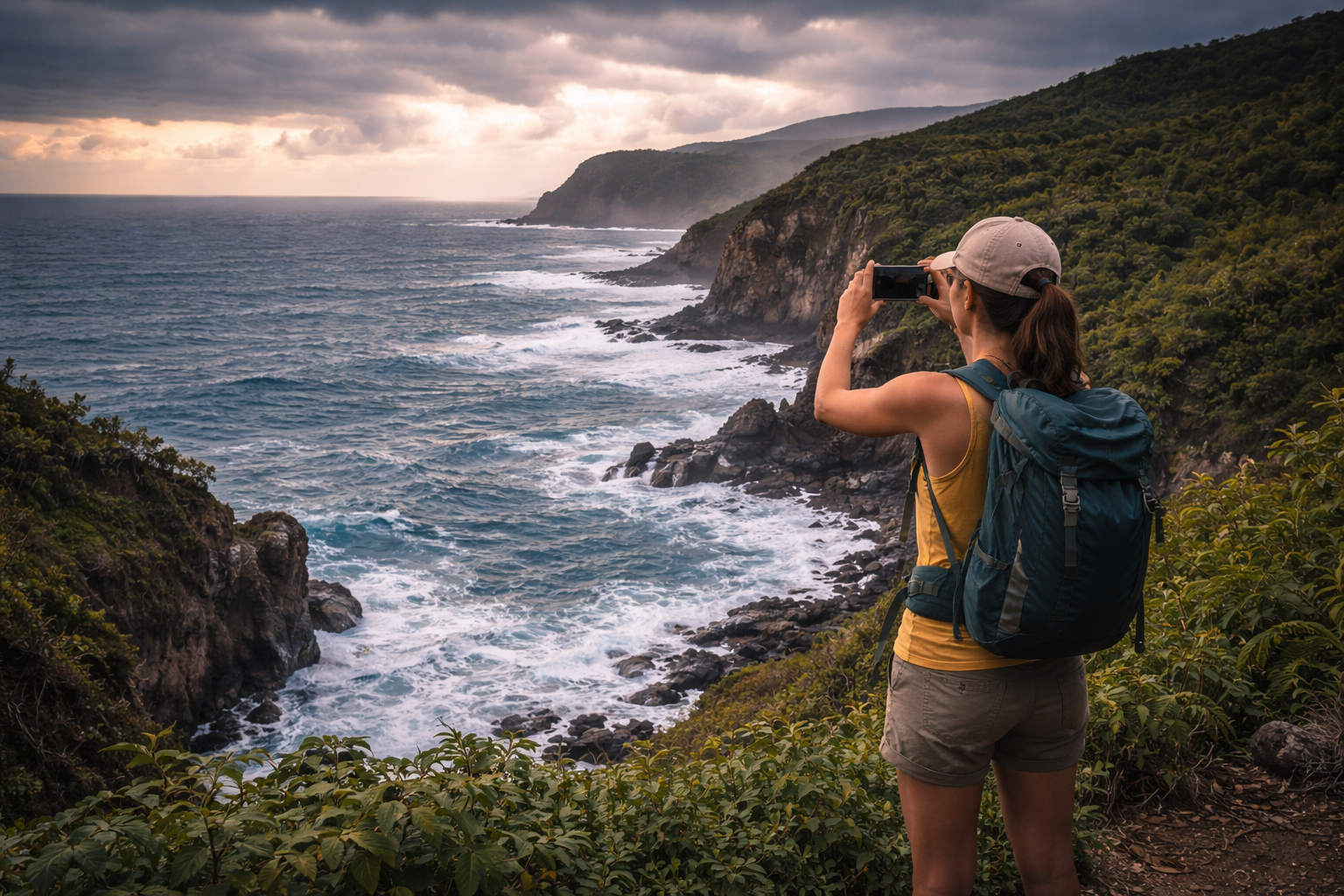 Turyści na punkcie widokowym na atlantyckim wybrzeżu Dominiki korzystają z internetu eSIM podczas podróży