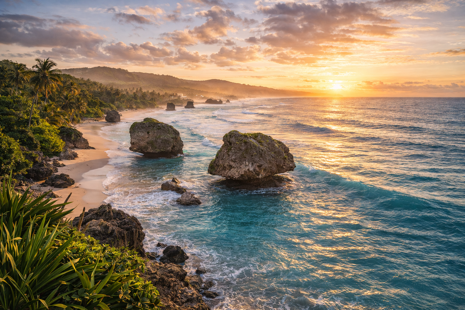 La spiaggia rocciosa di Bathsheba con grandi massi e onde dell’Oceano Atlantico, Barbados