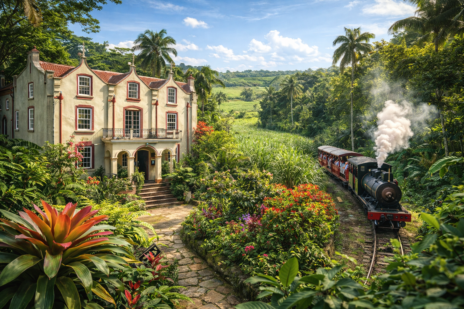 Storica piantagione coloniale con villa e palme alle Barbados
