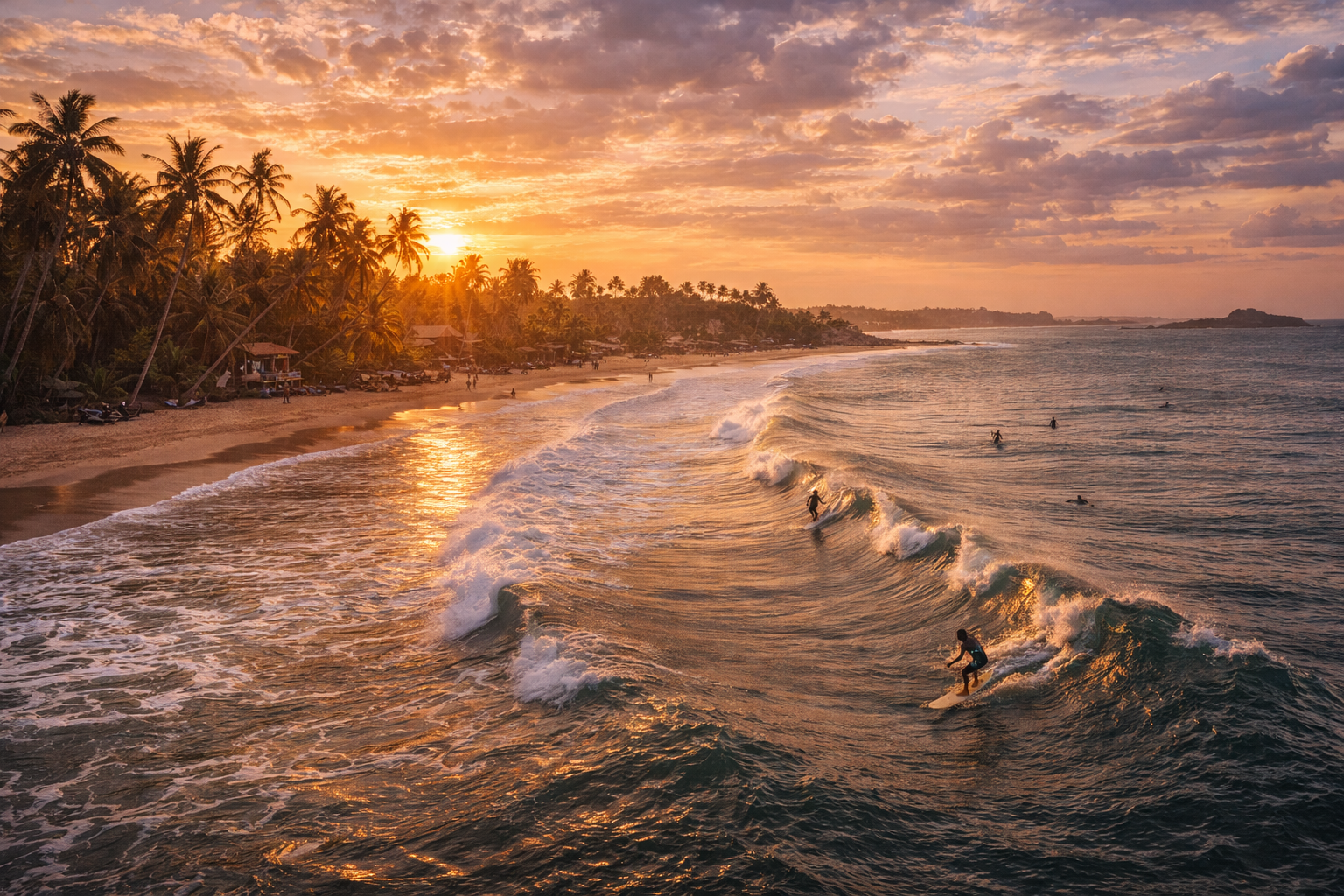Arugam Bay Beach with ocean waves and palms on Sri Lanka’s east coast.