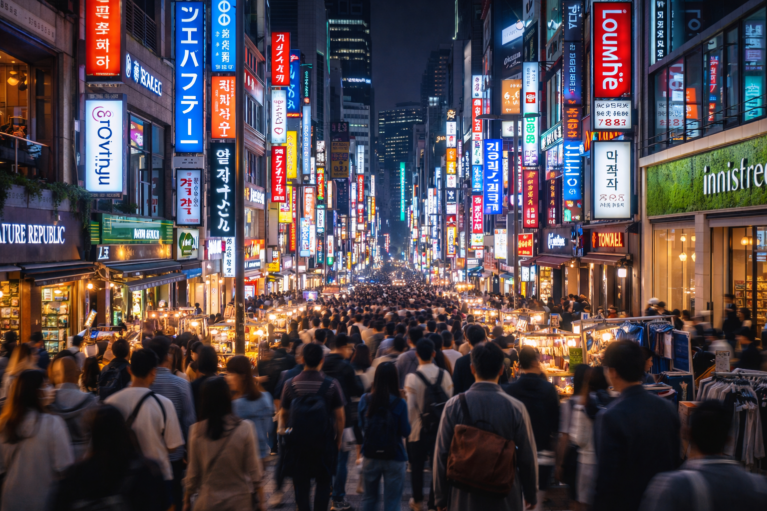 Ulica Myeongdong z neonowymi szyldami