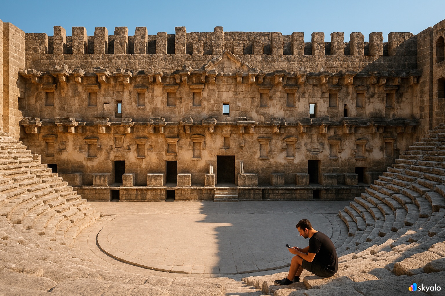 Турист в театре Аспендоса — античное чудо, сохранившееся до наших времён.