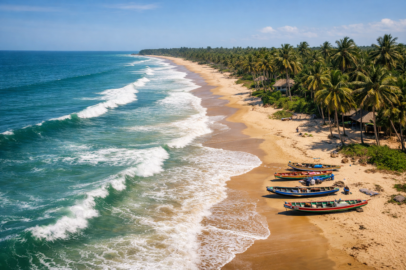 Cap Skirring coastline with palm trees and Atlantic waves.