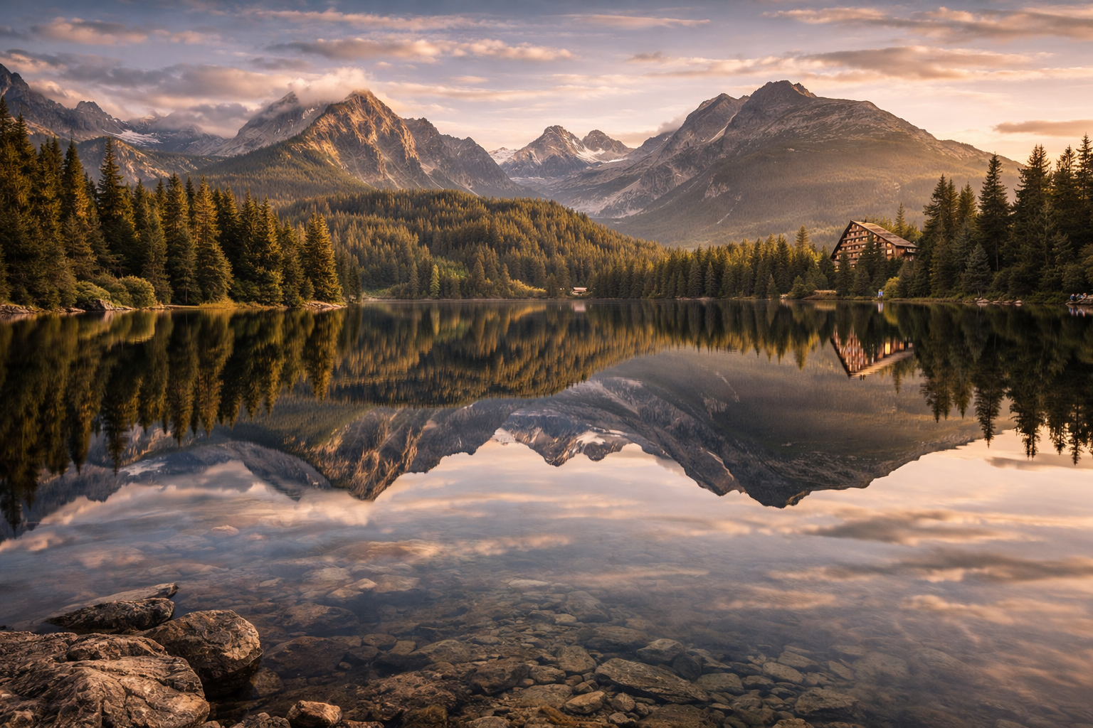 אגם שטרבסקה פלסו בסלובקיה עם מים מראה, יער ופסגות ברקע