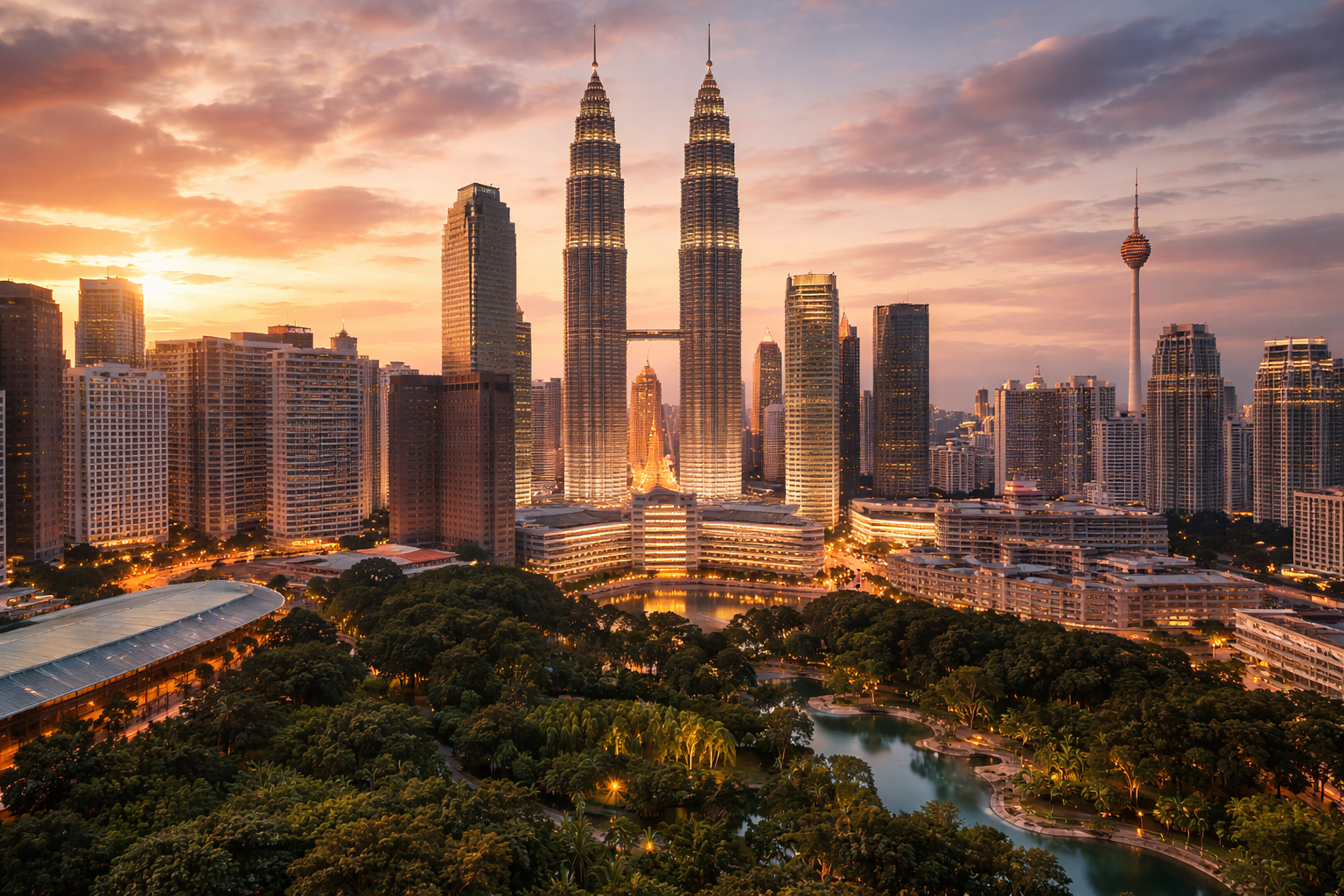 Панорамный вид на Куала-Лумпур с башнями Петронас, современными небоскрёбами, зелёным парком и тёплым вечерним светом