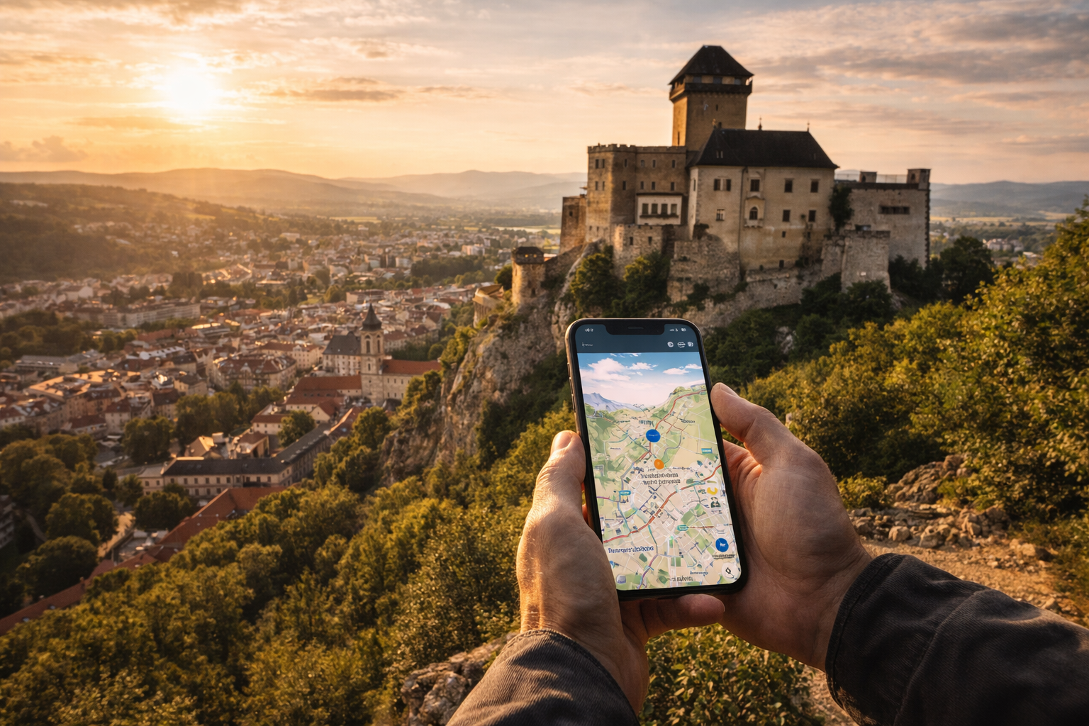 טירת טרנצ'ין על צוק עם נוף לעיר ומטייל עם טלפון