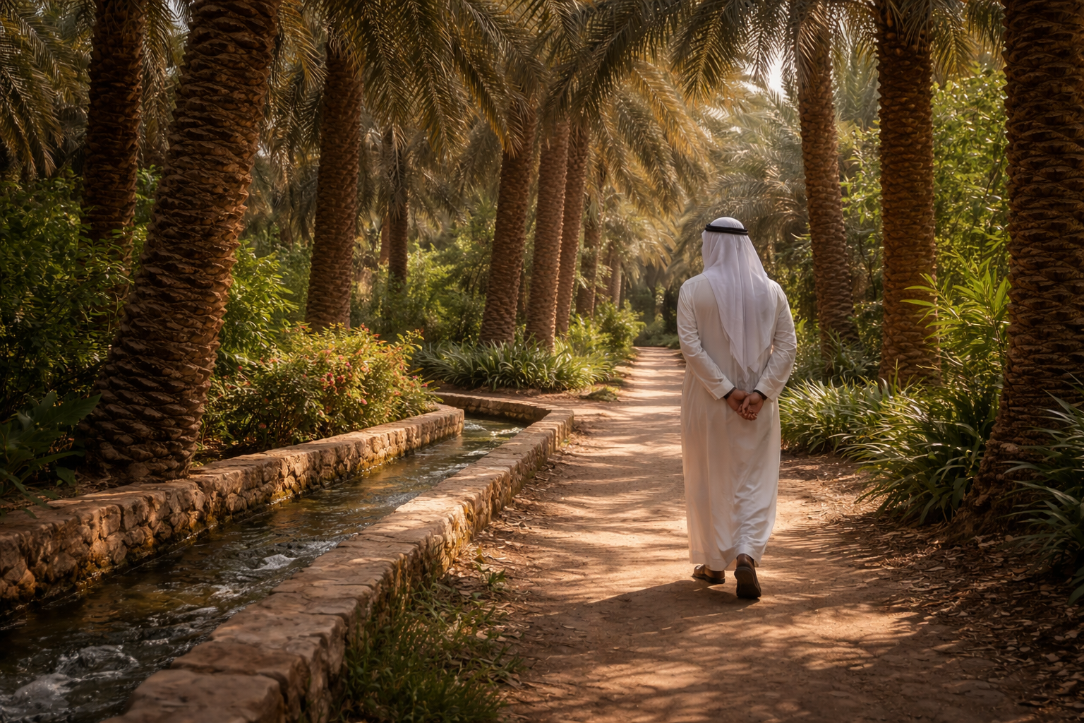 Muž sa prechádza oázou Al-Ahsa