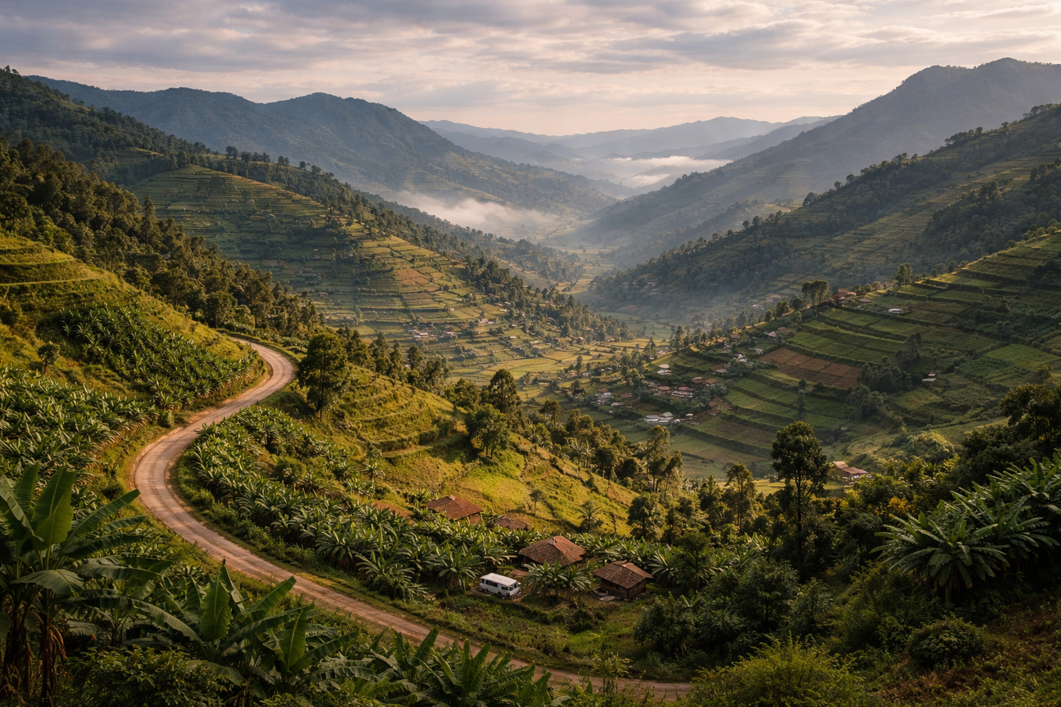 Kabale di Uganda dengan gunung hijau, jalan panorama, lembah dan suasana tenang kawasan tanah tinggi