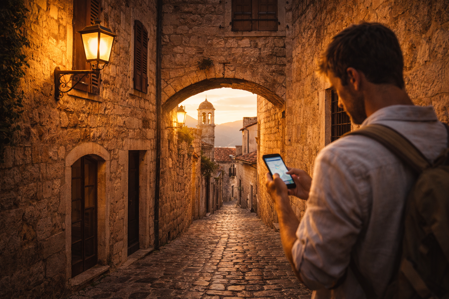 Narrow streets of Kotor Old Town and a tourist with a smartphone