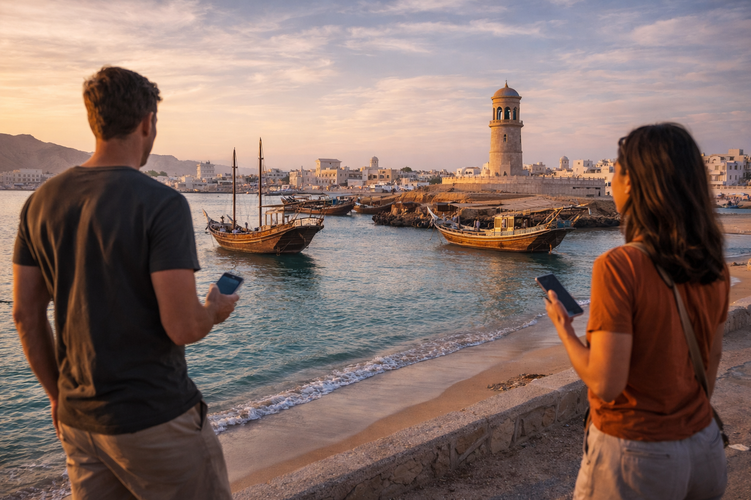 Ταξιδιώτες περπατούν στην παραλιακή της Σουρ με smartphones και eSIM