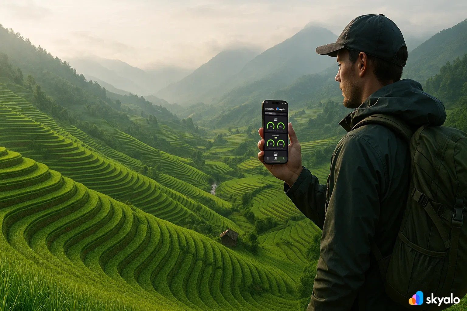 Sapa rice terraces, traveler with eSIM mapping a mountain route and sharing scenic photos