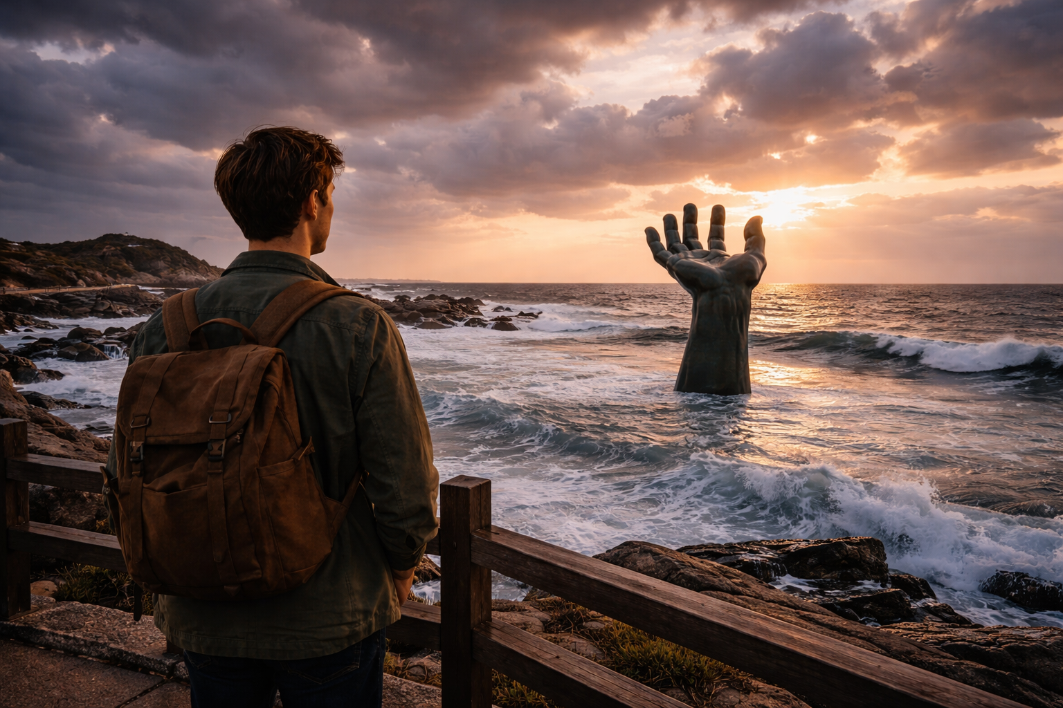 Osoba przy wybrzeżu Pohang z instalacją artystyczną