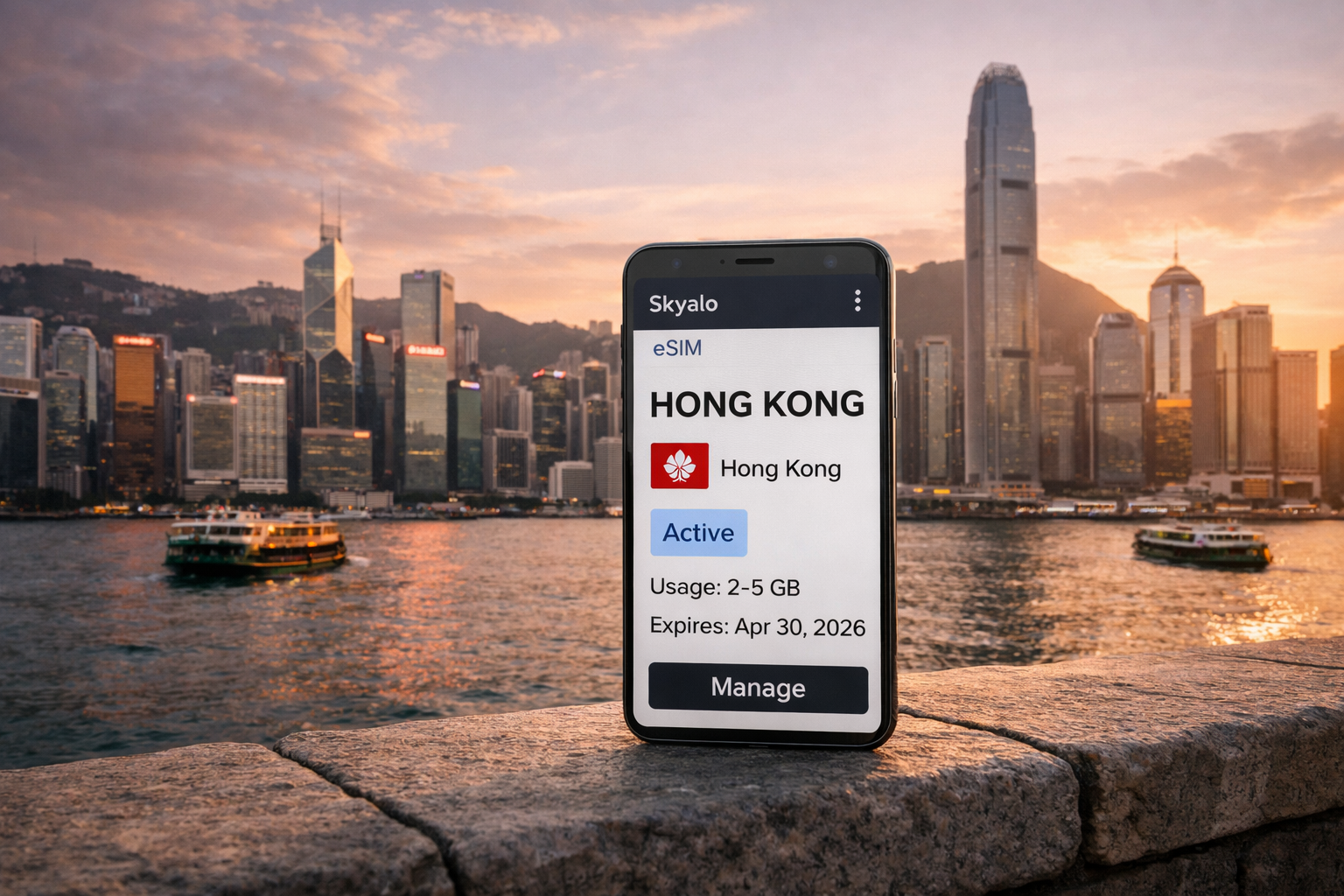 Activating an eSIM for travel in Hong Kong on a smartphone with the Victoria Harbour skyline in the background.
