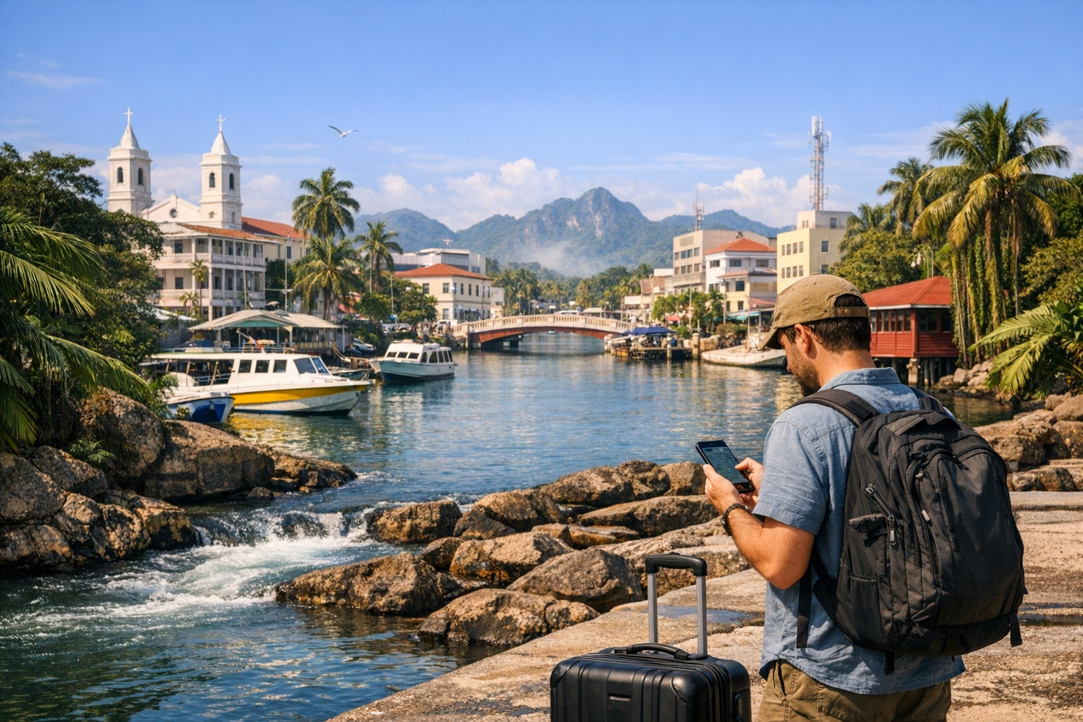 Беліз-Сіті, порт і турист із багажем, який дивиться маршрут у телефоні