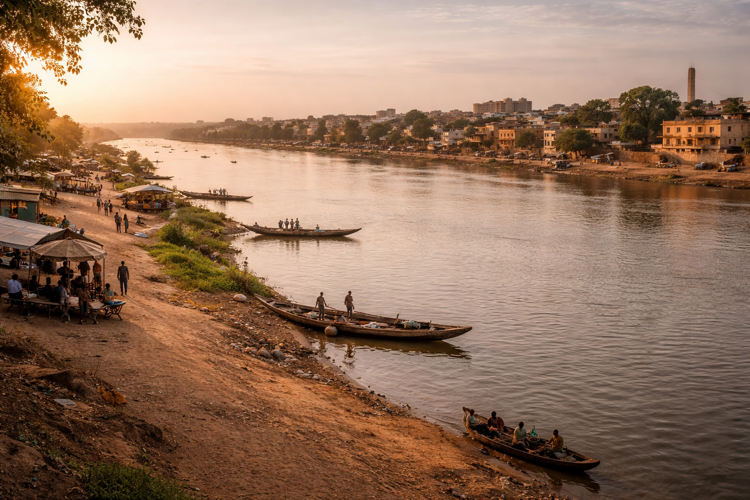 גדת נהר הניז'ר בניאמיי עם קו מים רחב, קו עירוני, סירות ואווירה חמה של בירה מערב-אפריקאית.