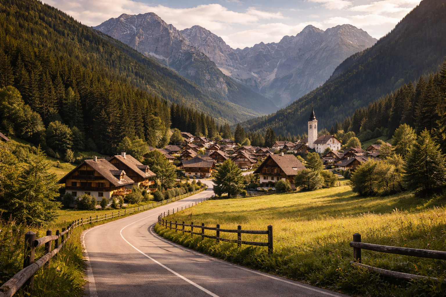 קרנסקה גורה בסלובניה עם בתי אלפים, כבישים הרריים, כרי דשא ירוקים ומדרונות מיוערים
