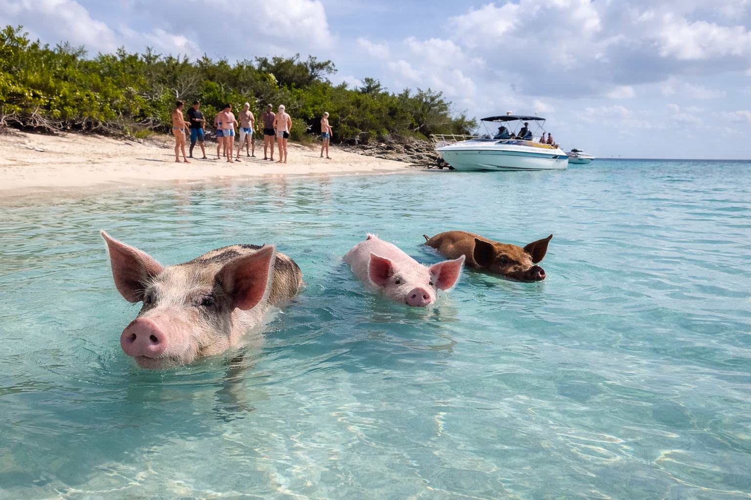 La spiaggia dei maiali che nuotano alle Bahamas.