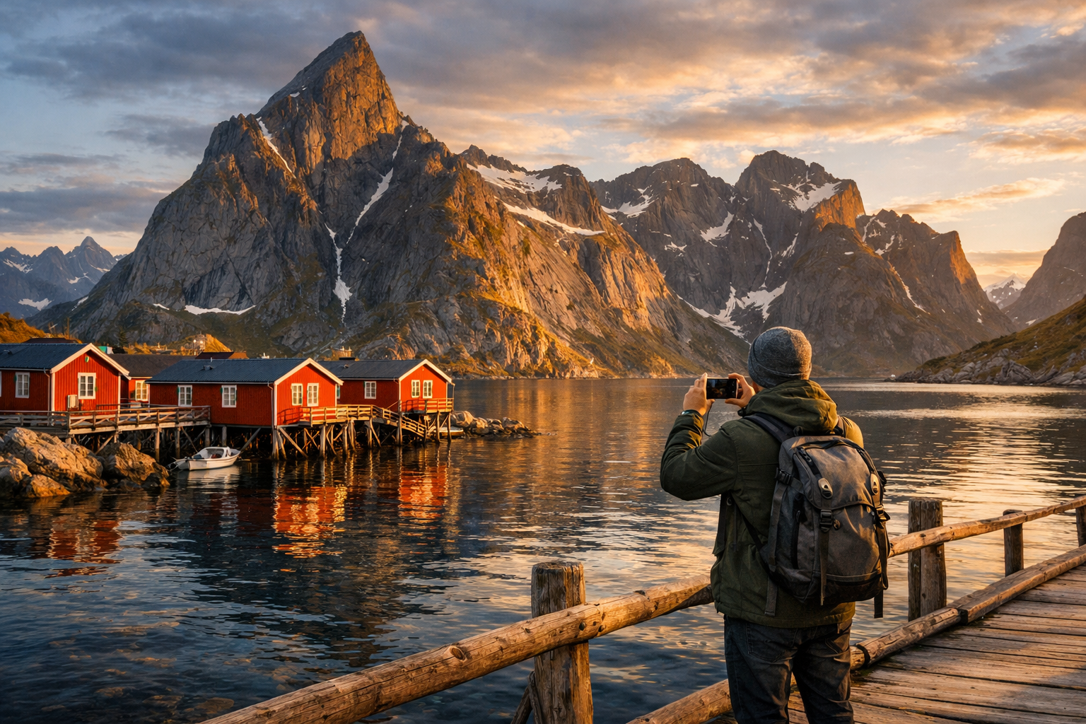 Lofoten Islands – red fishermen’s houses and mountains by a fjord in northern Norway