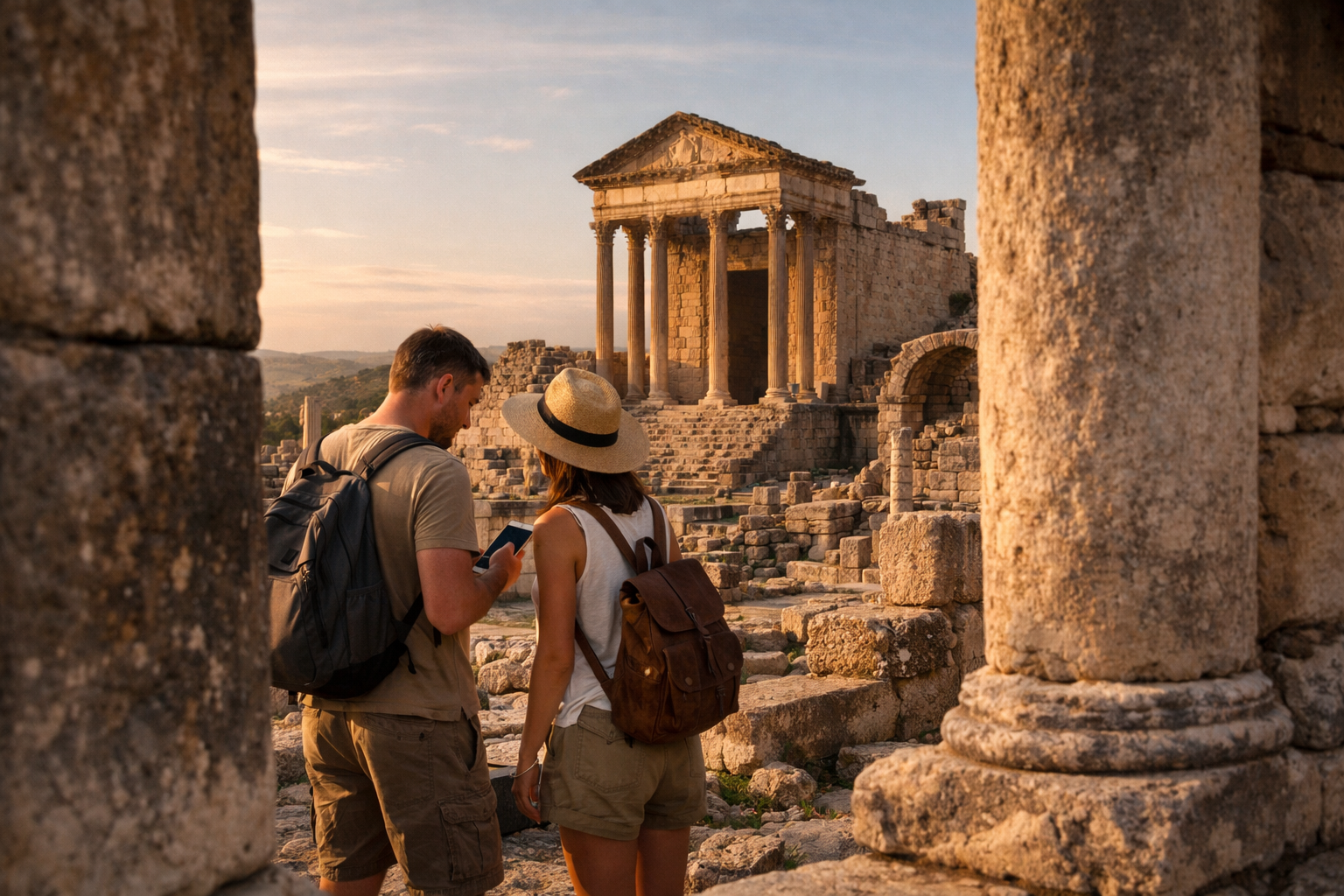 Ruinene i Dougga med søyler og turister, der en bruker smarttelefon