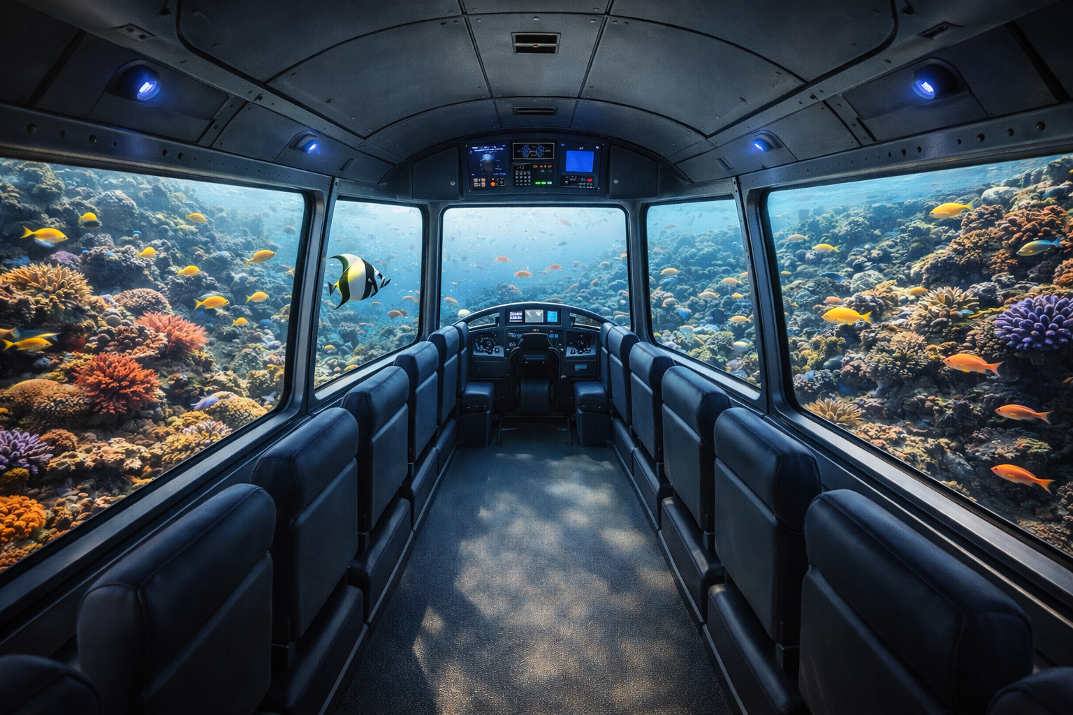 A submarine with a panoramic view of a coral reef