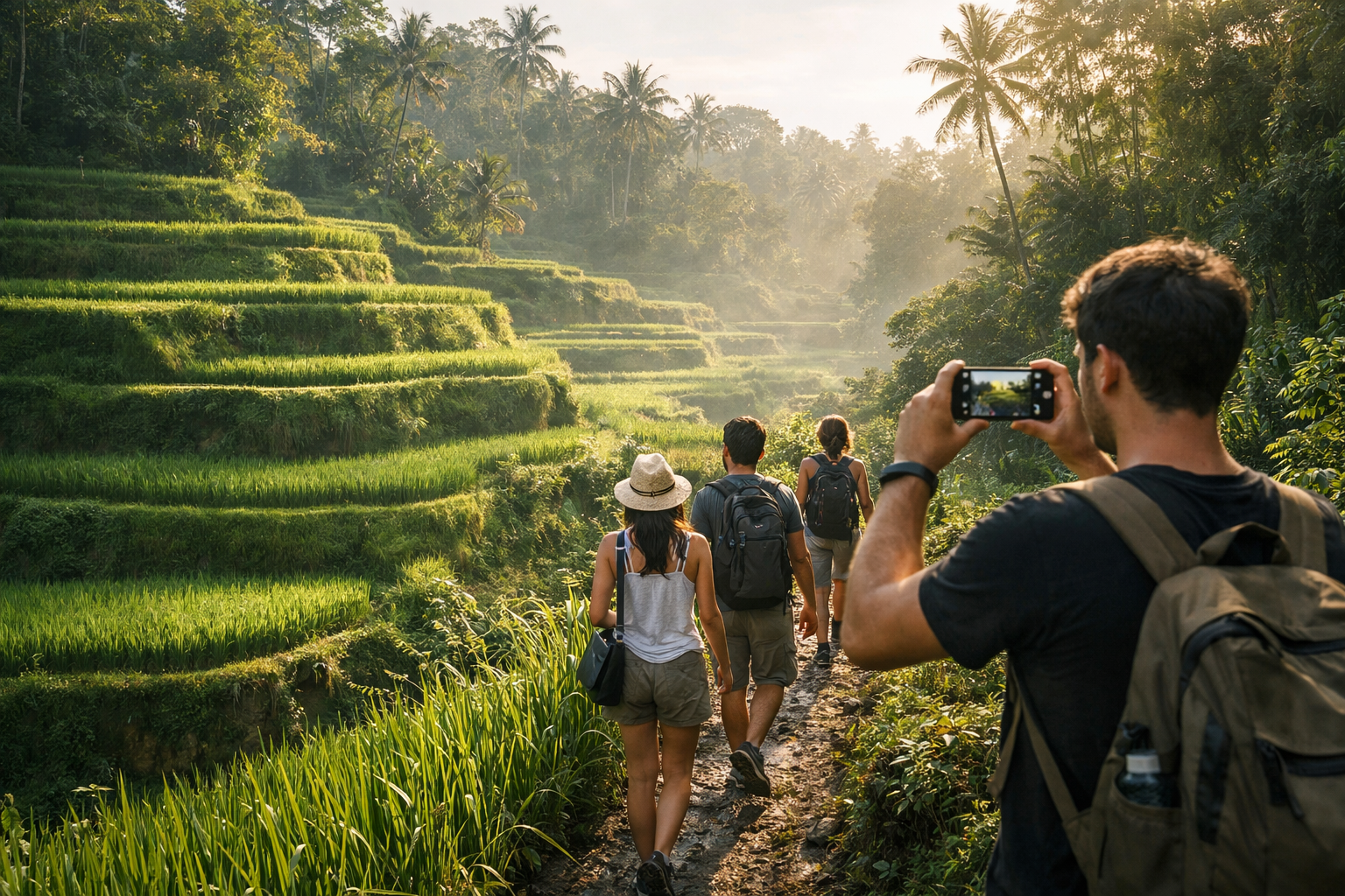 Tegalalang rice terraces and a female traveler with a smartphone on the trail