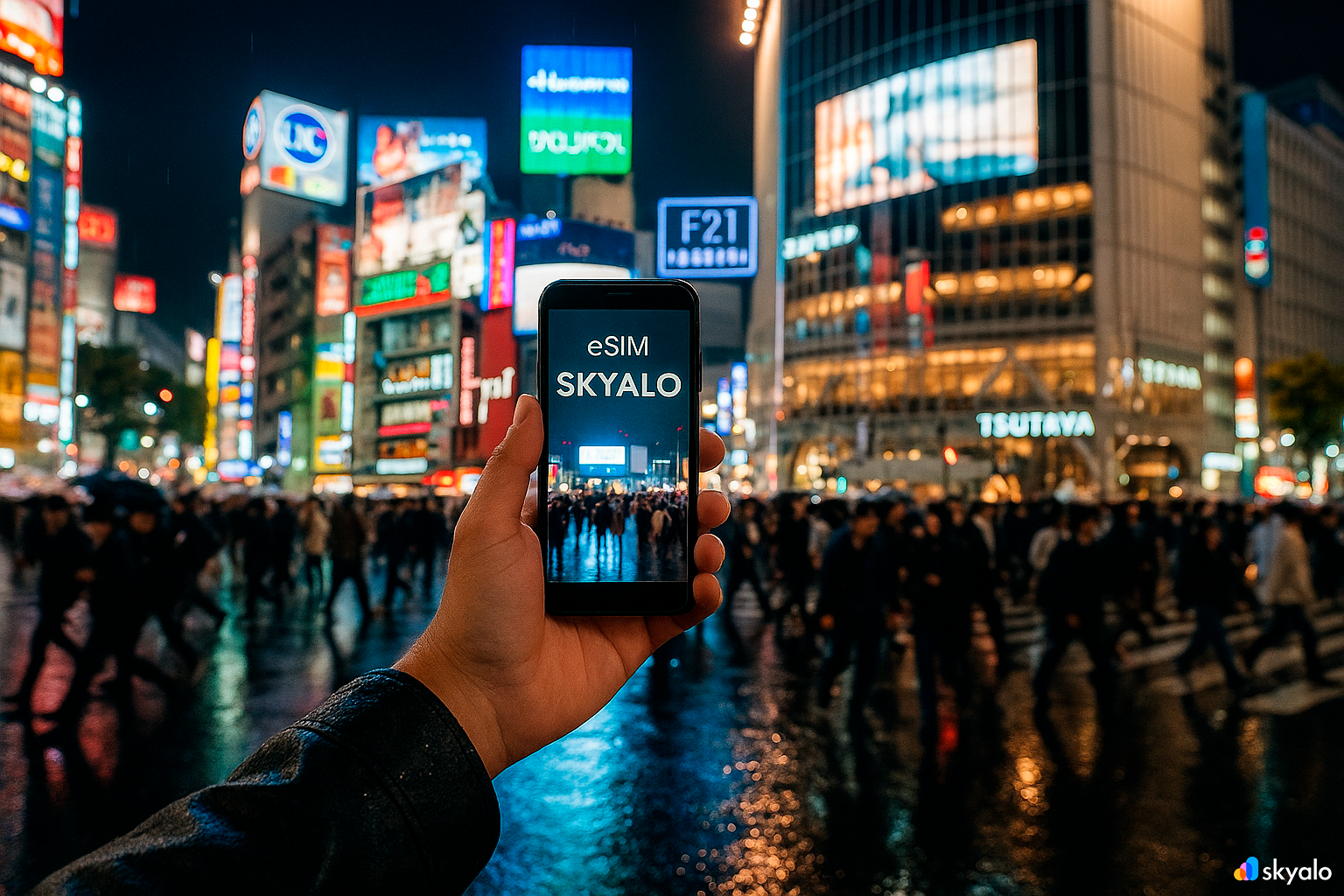 Nighttime Shibuya crossing; always connected with Skyalo eSIM, neon lights and reflections on the asphalt