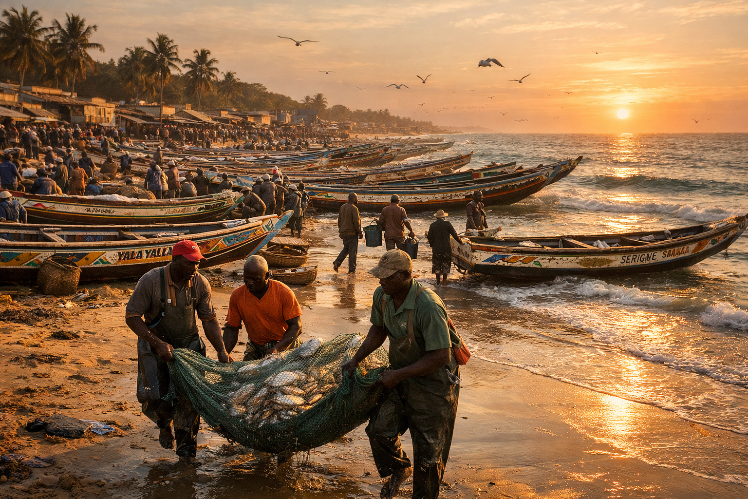 Fishing boats on the beach in the town of Mbour.