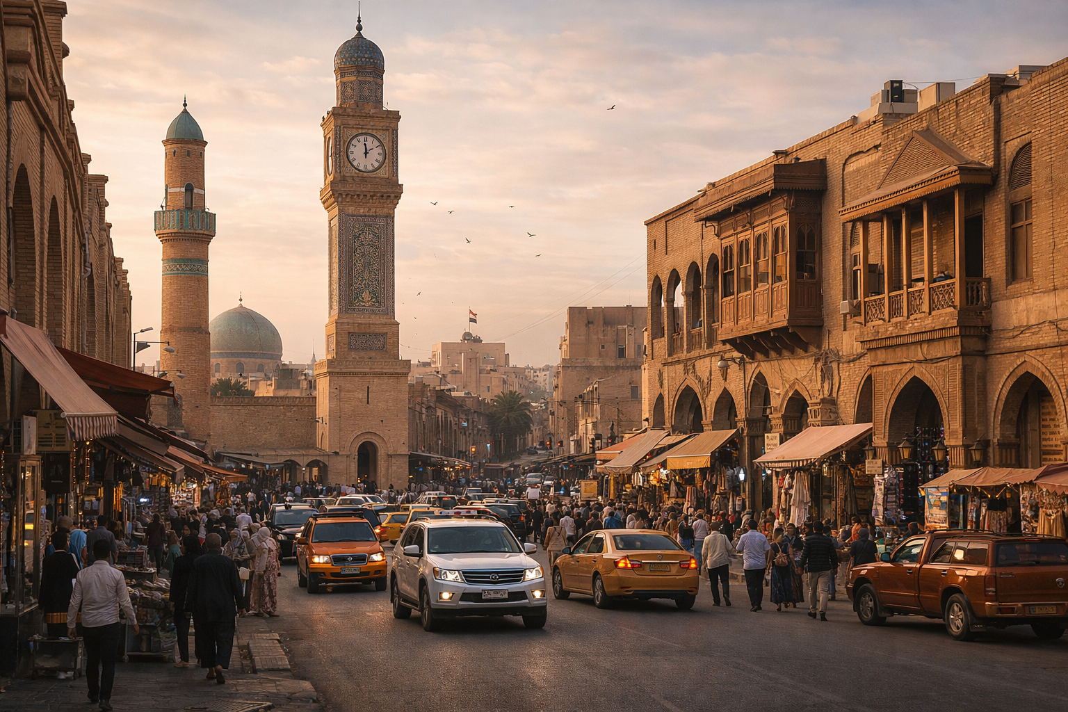 Ciudad moderna de Bagdad con calles, arquitectura y vida urbana de la capital de Irak