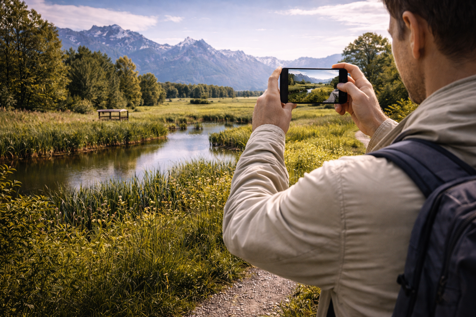 Ruggell with natural meadows, wetlands, and a traveler using eSIM on a smartphone