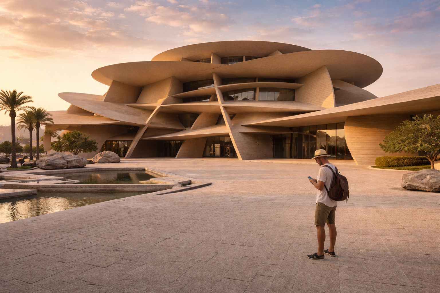 המוזיאון הלאומי של קטאר בדוחא עם אדריכלות בצורת ורד המדבר, כיכר רחבה, אור חמים ומטייל עם סמארטפון שמשתמש בנוחות ב-eSIM לניווט ולכרטיסים