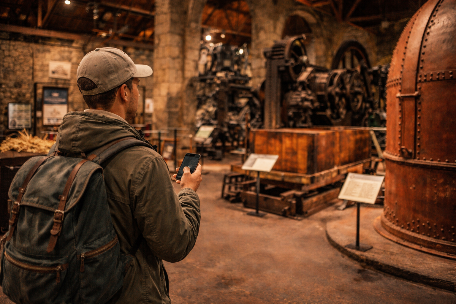 Sugar Museum in Mauritius with historical exhibits and a visitor using an eSIM on a smartphone