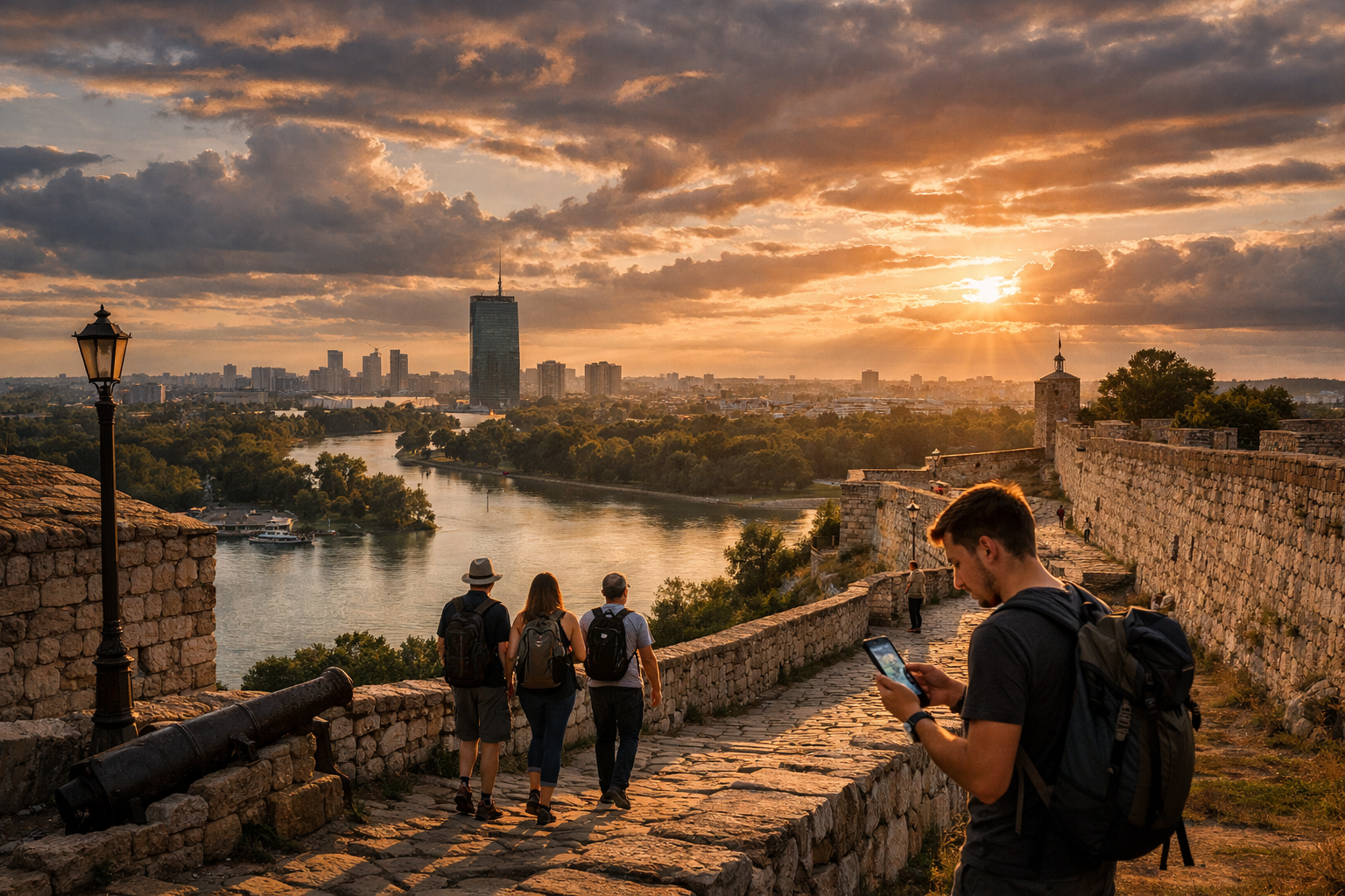Kalemegdan Fortress in Belgrade overlooking the confluence of the Danube and Sava rivers, travelers walking along the fortress walls.