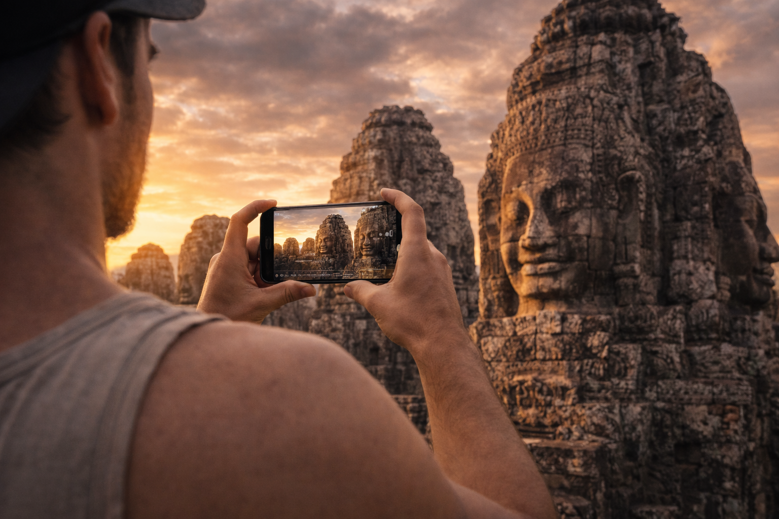 Stone faces of Bayon Temple and a tourist with a smartphone with an active eSIM