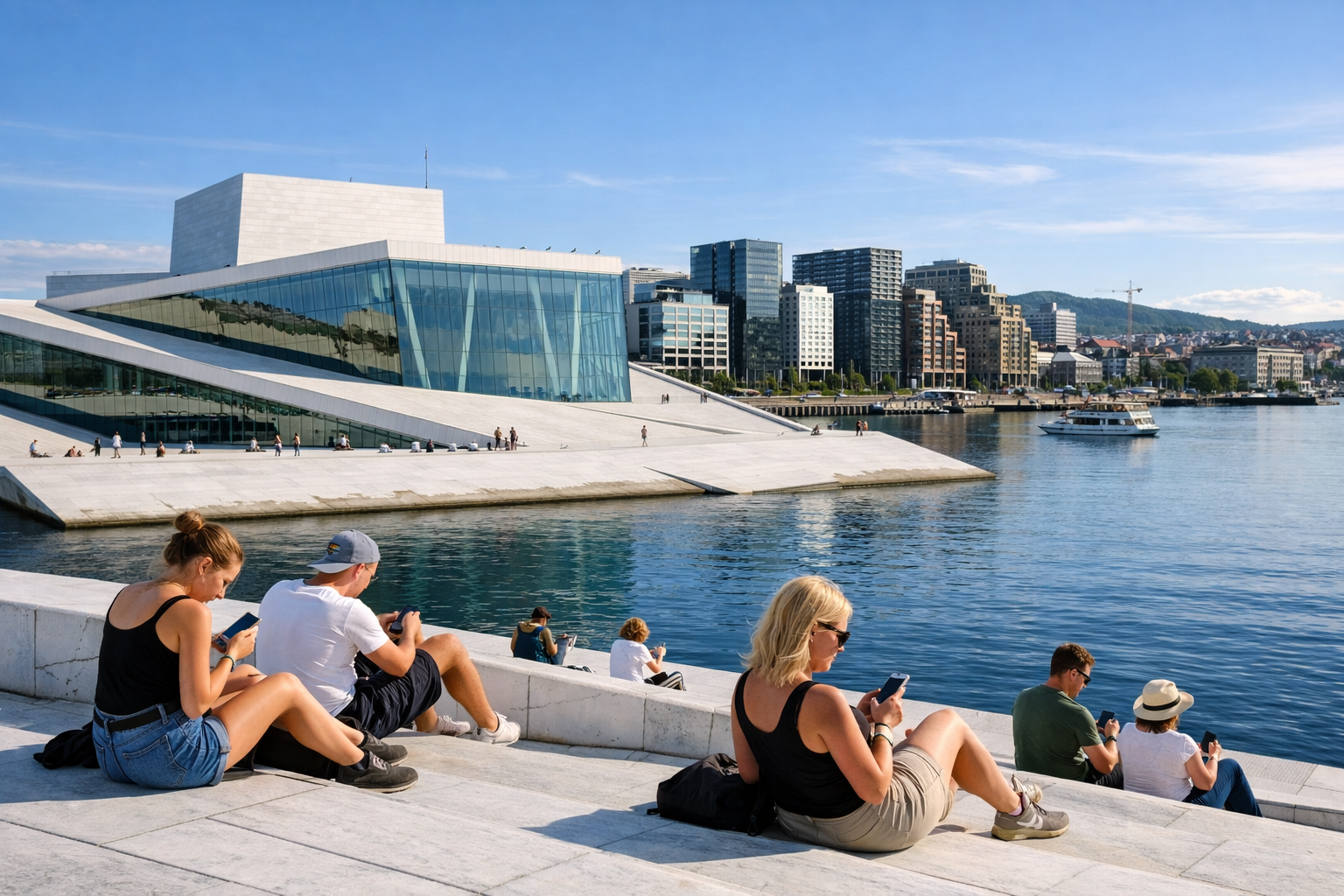 The Oslo Opera House on the fjord waterfront