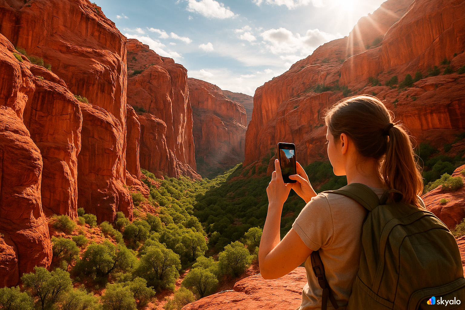Tourist photographing Chapada’s canyons, red rocks glowing under sunlight
