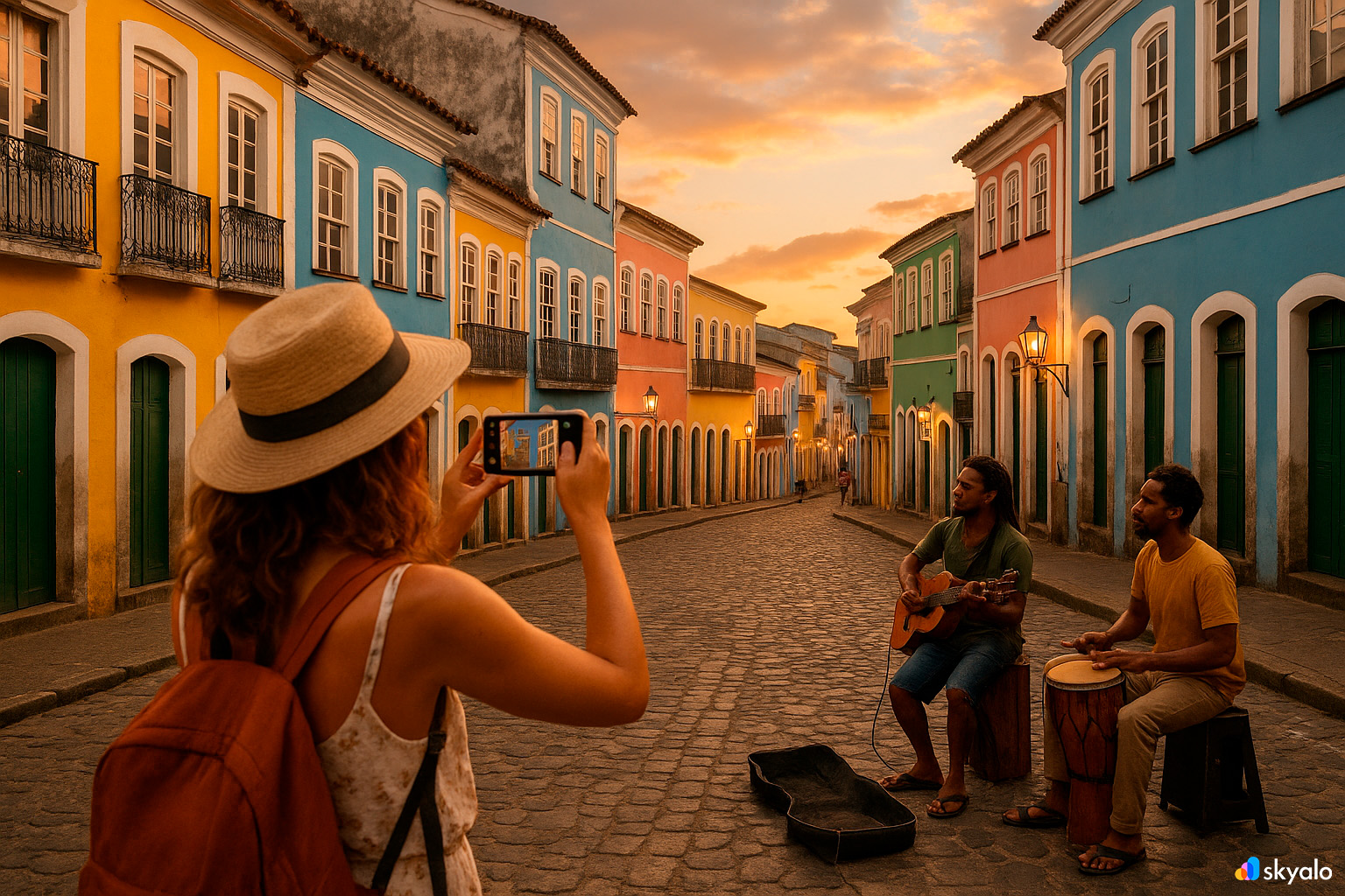 Tourist photographing colorful façades in Salvador, with street musicians in the background