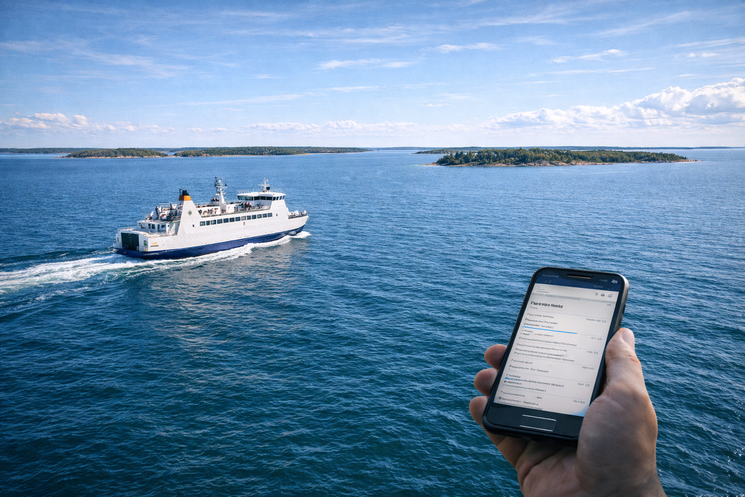 A ferry between islands of the Åland archipelago with passengers using an eSIM-enabled smartphone