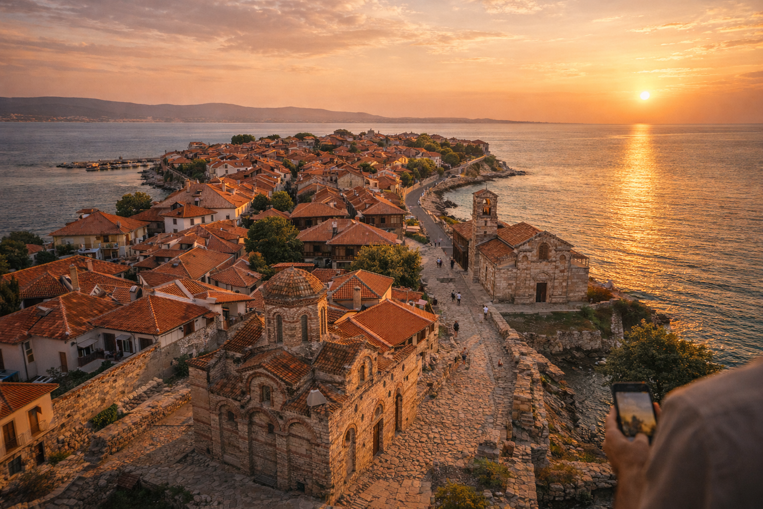 The ancient town of Nessebar on a peninsula in the Black Sea and tourists exploring the town with eSIM