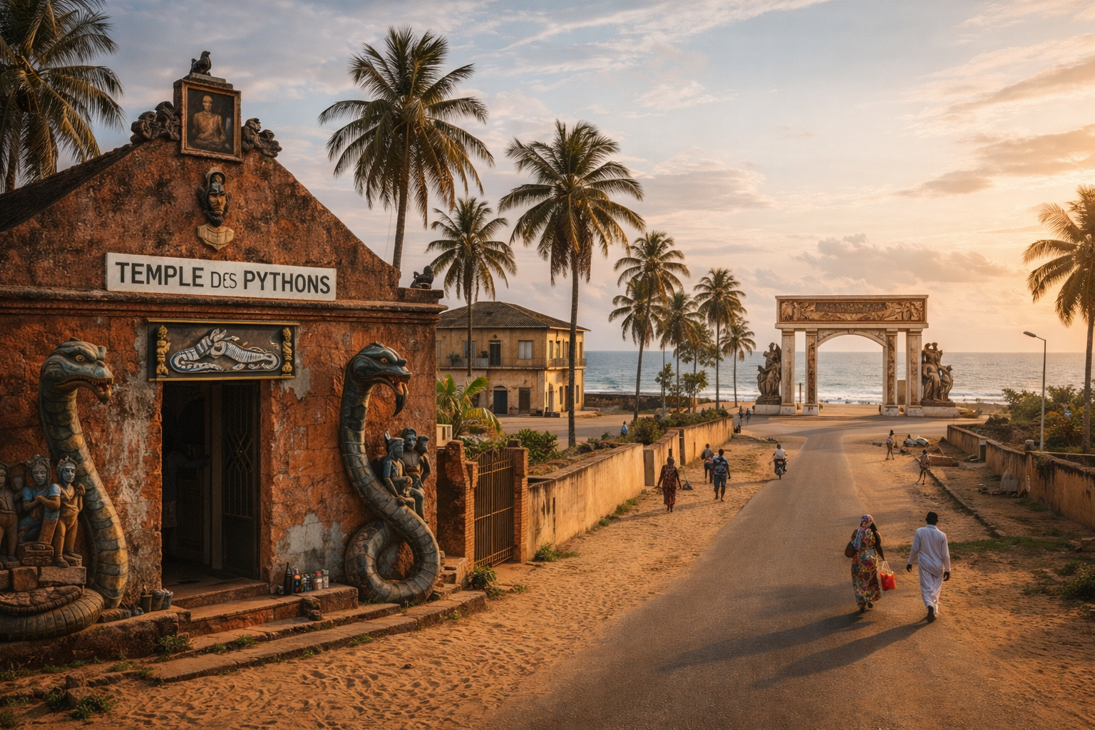 וידה בבנין עם אתרים היסטוריים, דרך מוקפת דקלים, סמלים תרבותיים ואווירה של מורשת עמוקה