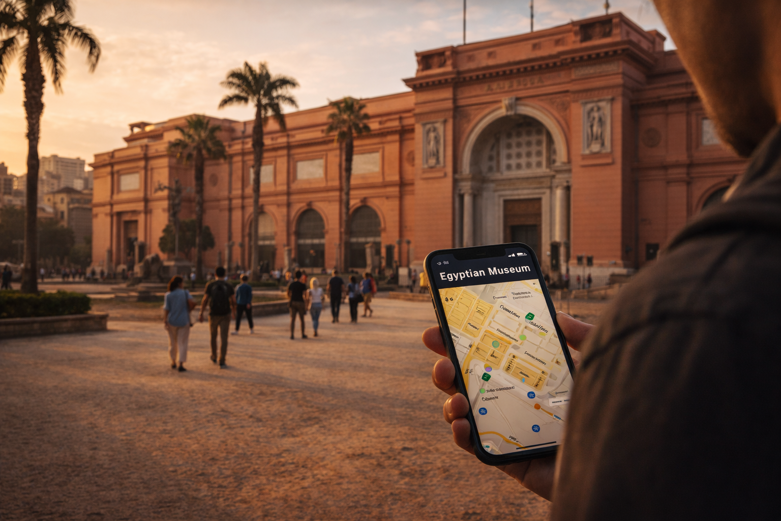 The Egyptian Museum in Cairo and tourists in the square — travelers use eSIM internet for navigation