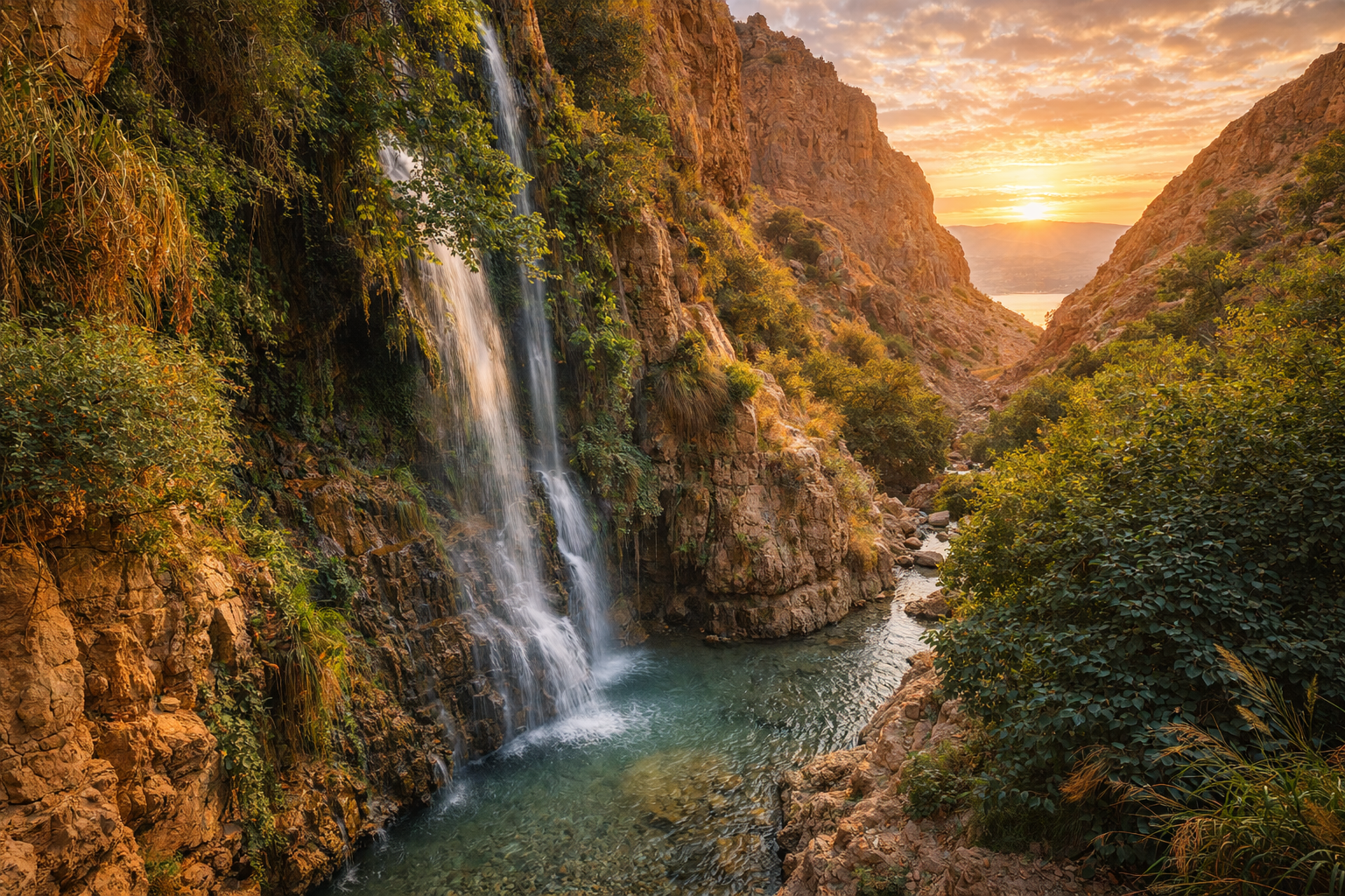 The Ein Gedi oasis with waterfalls and green plants in the middle of the desert