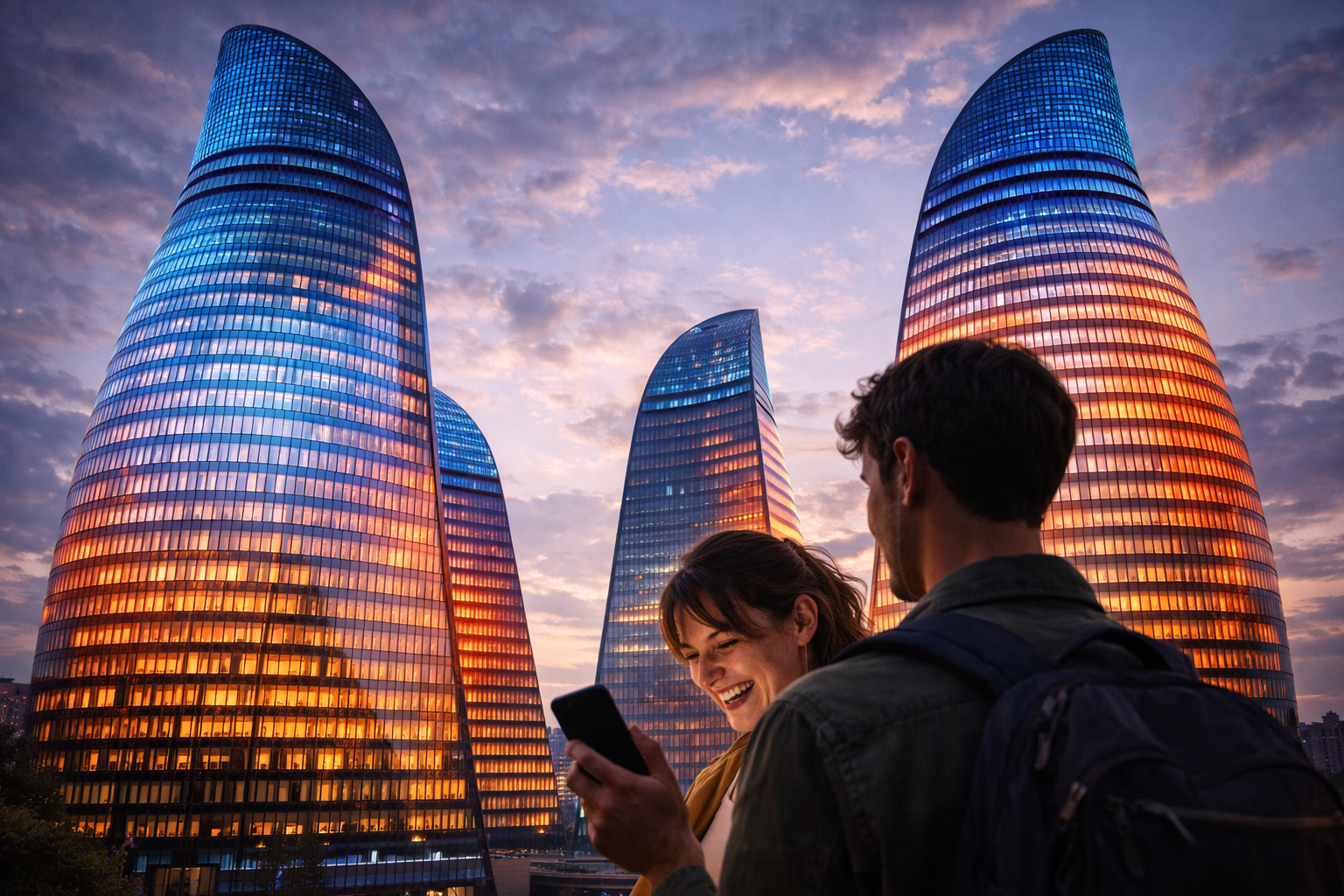 Flame Towers skyscrapers with LED lighting at night