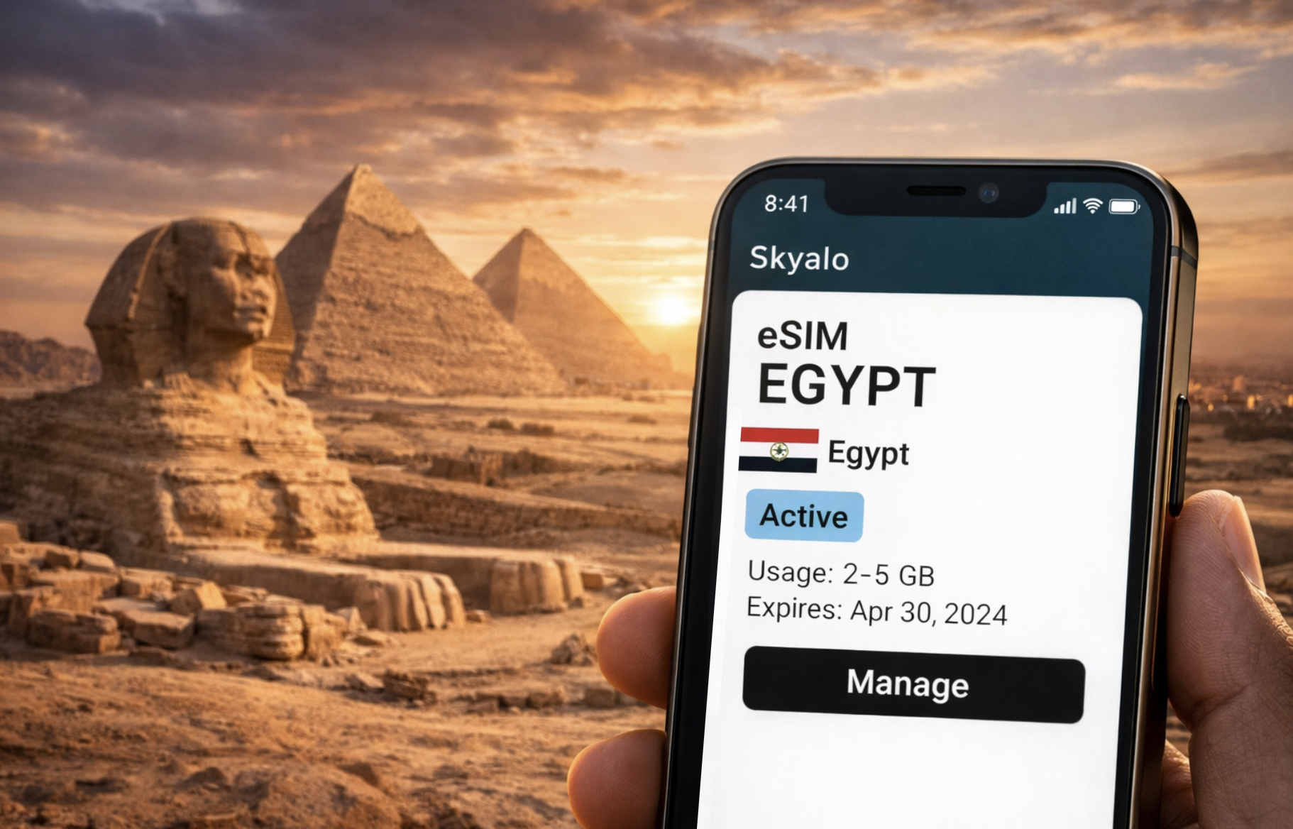 An active eSIM for Egypt on a smartphone with the Pyramids of Giza and the Sphinx at sunset in the background